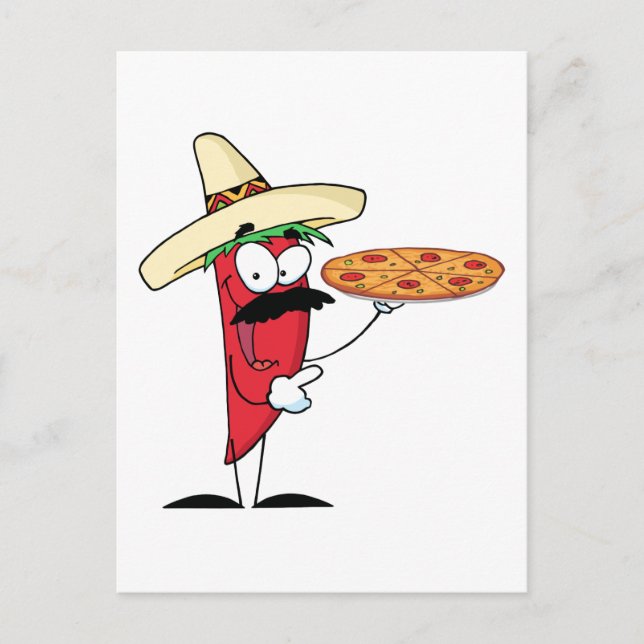 Sombrero Chile Pepper Holds Up Pizza Postcard (Front)