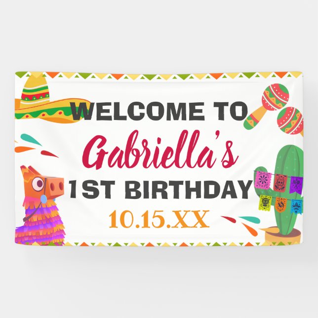 Sombrero Llama Mexican Style Fiesta First Birthday Banner (Horizontal)