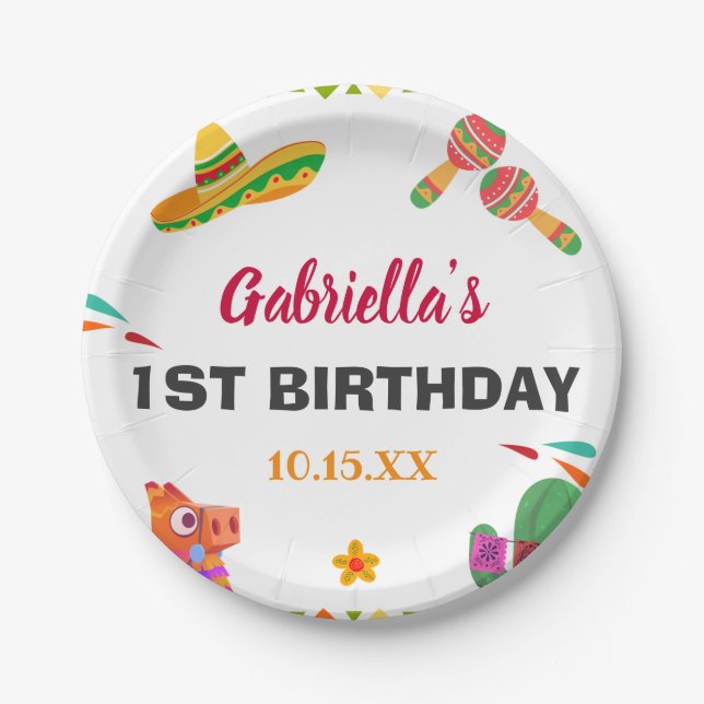 Sombrero Llama Mexican Style Fiesta First Birthday Paper Plates (Front)