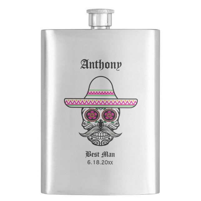 Sombrero Sugar Skull | Best Man Wedding Gift Flask (Front)