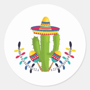 Sombrero Wearing Cactus With Maracas Classic Round Sticker by HolidayBug at Zazzle