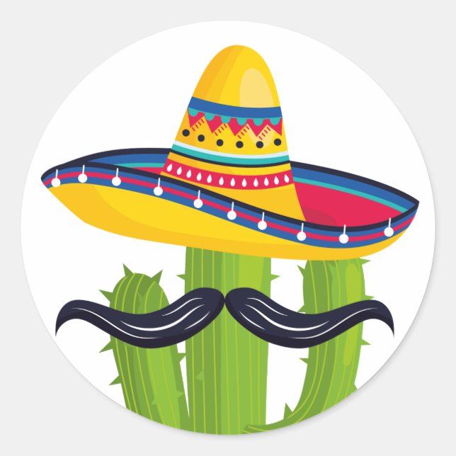 Sombrero wearing Cactus with Mustache Classic Round Sticker (Front)