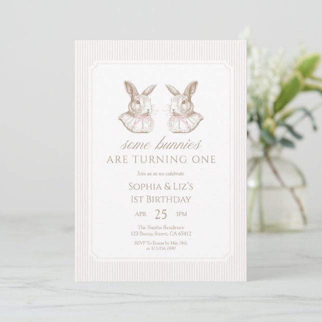 Some Bunnies Are Turning One Twin Birthday Invitation (Standing Front)