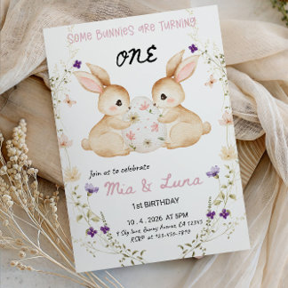 Some Bunnies Are Turning ONE Twins 1st Birthday  Invitation
