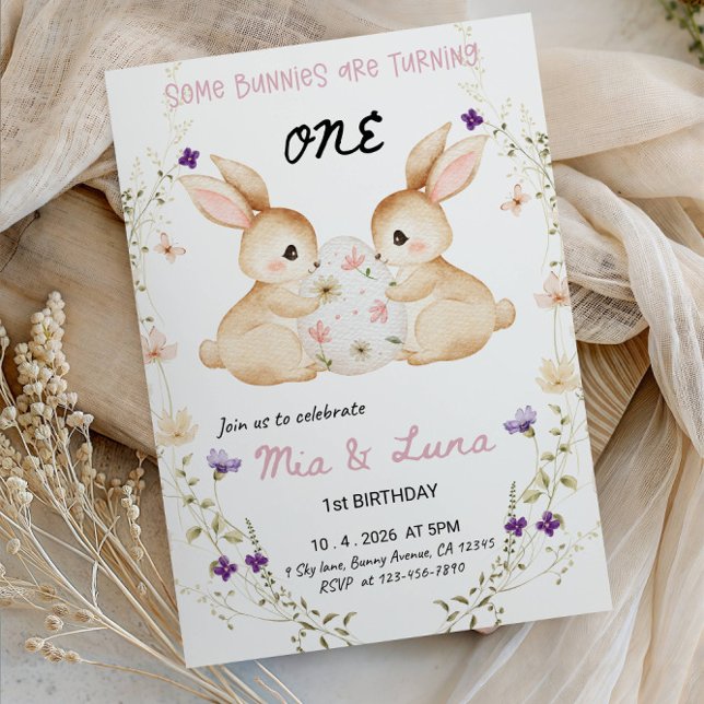Some Bunnies Are Turning ONE Twins 1st Birthday  Invitation (Creator Uploaded)