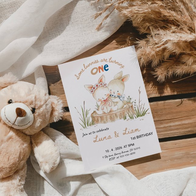Some Bunnies Are Turning ONE Twins 1st Birthday  Invitation (Creator Uploaded)