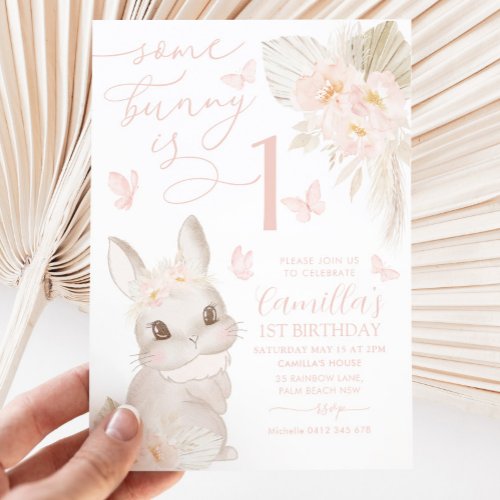 Some Bunny 1st Birthday Boho Pink Butterfly Cute Invitation