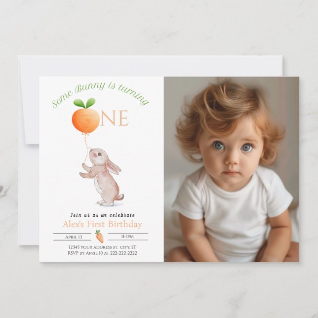 Some Bunny 1st Birthday Photo Neutral-Customizable Invitation (Front)
