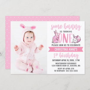 Some Bunny 1st Birthday Pink Cute Girl Photo Invitation