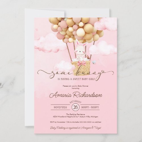 Some Bunny Air Balloon Pink Cloud Girl Baby Shower Invitation