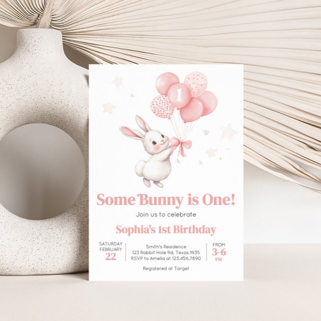 Some Bunny Balloon Birthday Party Invitation (Some Bunny Pink Bow Balloon Birthday Party Invitation)