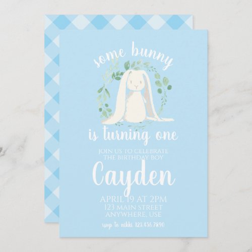 Some Bunny Birthday Invitation blue plaid