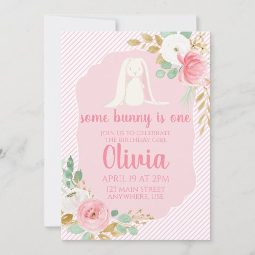 Some Bunny Birthday Invitation floral and Pink