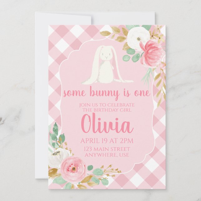 Some Bunny Birthday Invitation floral and Pink (Front)