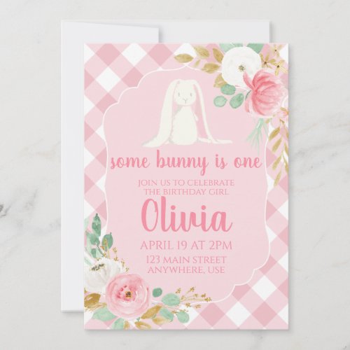 Some Bunny Birthday Invitation floral and Pink