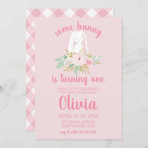 Some Bunny Birthday Invitation floral and Pink