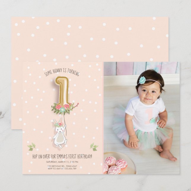 Some Bunny Birthday Invitation Girl First Pink (Front/Back)