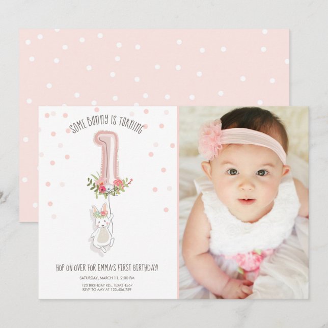 Some Bunny Birthday Invitation Girl First Pink (Front/Back)
