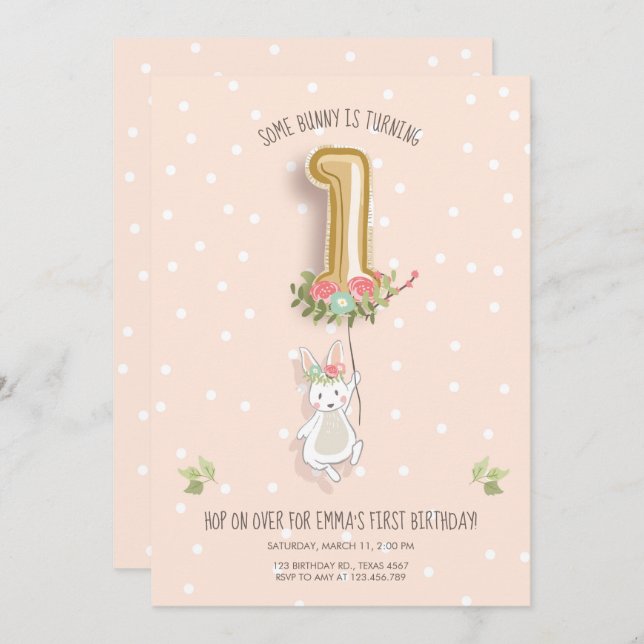 Some Bunny Birthday Invitation Girl First Pink (Front/Back)