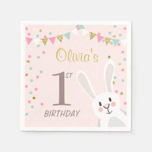 Some Bunny Birthday Paper Napkin Pink Gold Girl
