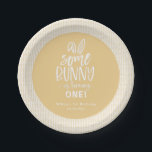 Some Bunny Birthday Party Paper Plate<br><div class="desc">Cute "some Bunny" birthday party paper plate. White typography with bunny ear accent. Hand-drawn basketweave pattern border in dusty yellow.</div>
