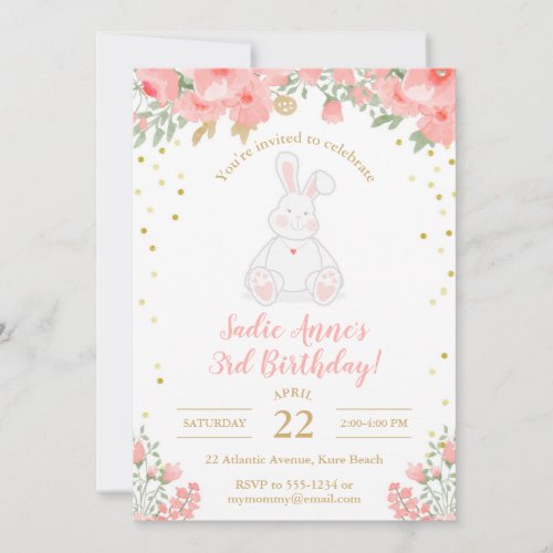 Some Bunny Birthday Watercolor Floral Pink Gold Invitation