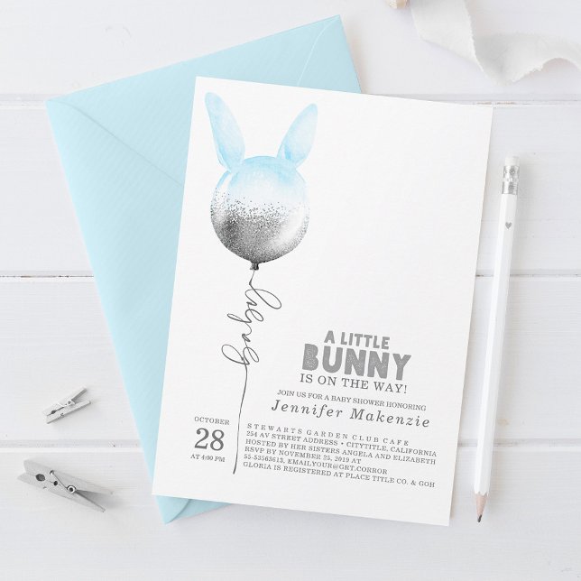 Some Bunny Blue Balloon Elegant Spring Baby Shower Invitation (Creator Uploaded)