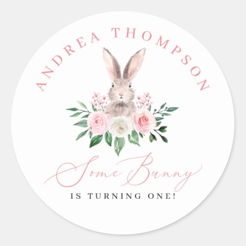 Some Bunny Blush Pink Floral Girls First Birthday Classic Round Sticker