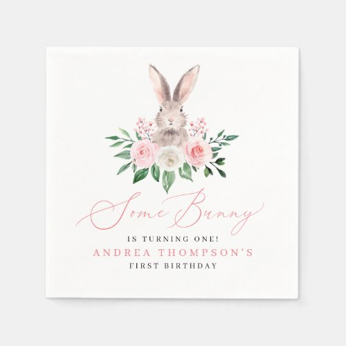Some Bunny Blush Pink Floral Girls First Birthday Napkins