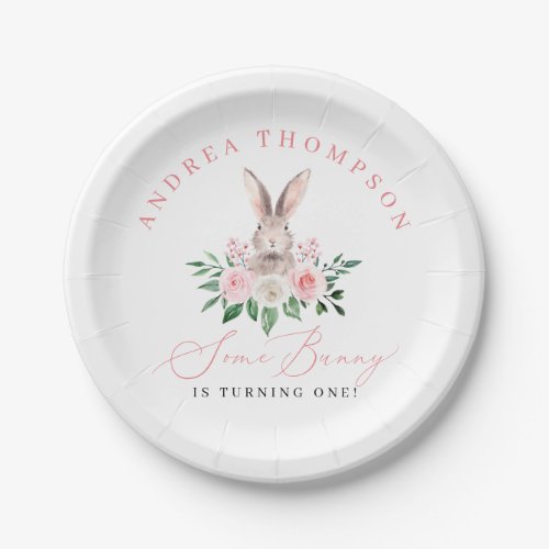 Some Bunny Blush Pink Floral Girls First Birthday Paper Plates