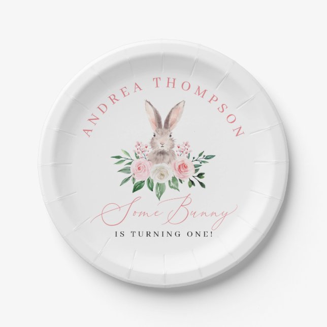 Some Bunny Blush Pink Floral Girls First Birthday Paper Plates (Front)