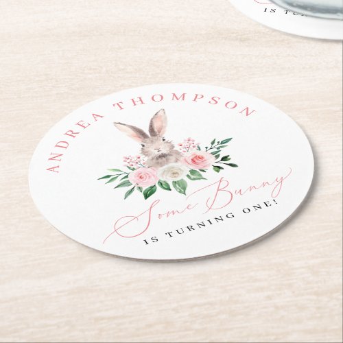 Some Bunny Blush Pink Floral Girls First Birthday Round Paper Coaster