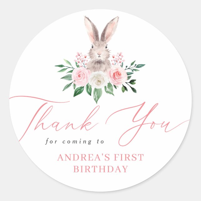 Some Bunny Blush Pink Floral Thank You Birthday Classic Round Sticker (Front)