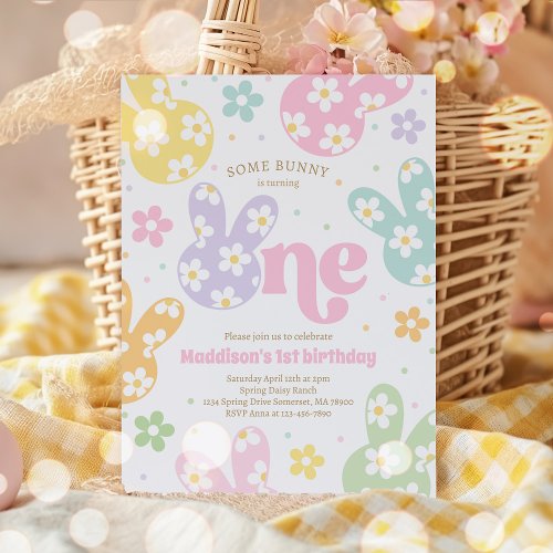 Some Bunny Daisy Floral Pastel Spring 1st Birthday Invitation