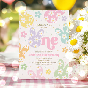 Some Bunny Daisy Floral Pastel Spring 1st Birthday Invitation