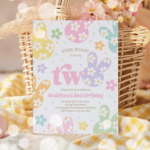 Some Bunny Daisy Floral Pastel Spring 2nd Birthday Invitation