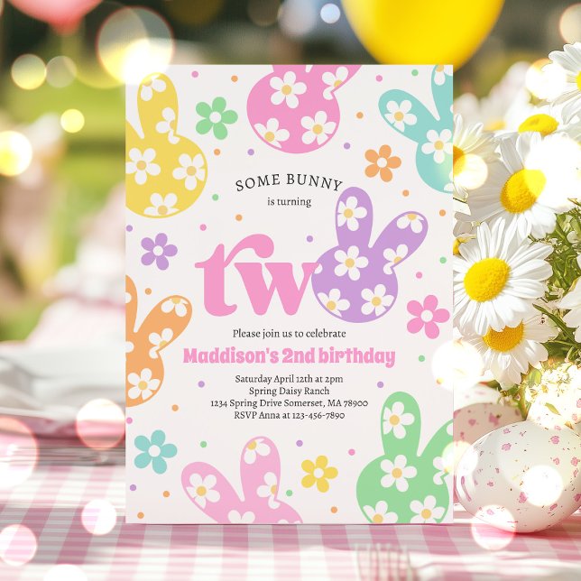 Some Bunny Daisy Floral Pastel Spring 2nd Birthday Invitation (Creator Uploaded)