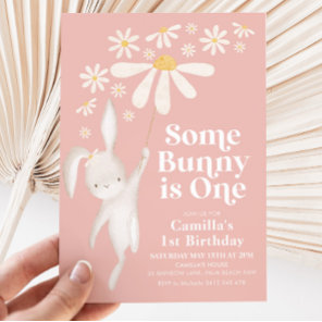 Some Bunny Daisy Pink Girl's 1st Birthday Party Invitation