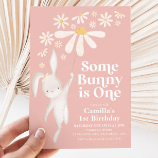 Some Bunny Daisy Pink Girl's 1st Birthday Party Invitation