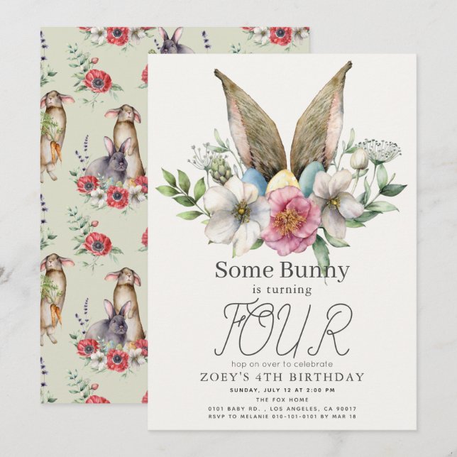 Some Bunny Ear Floral Girl Birthday Invitation (Front/Back)