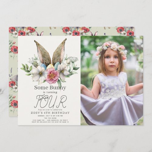 Some Bunny Ear Floral Girl Birthday Photo Invitation