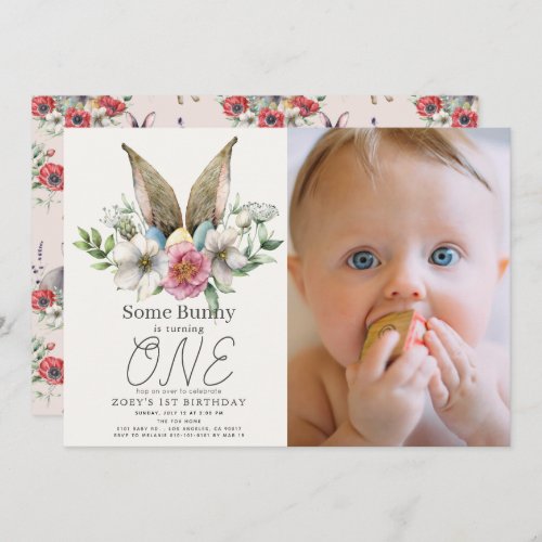 Some Bunny Ear Floral Girl Pink 1st Birthday Photo Invitation