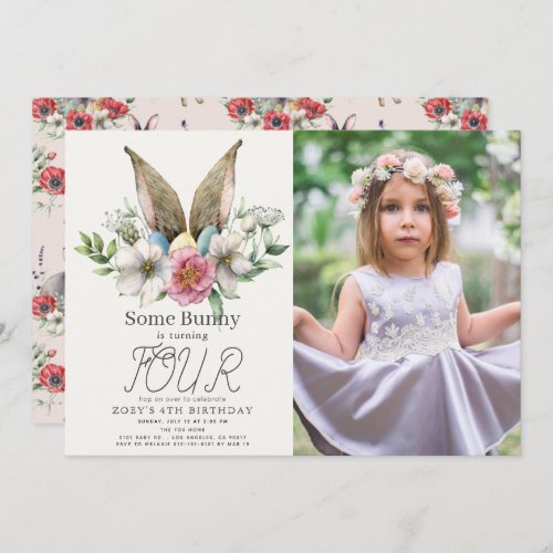 Some Bunny Ear Floral Pink Girl Birthday Photo Invitation