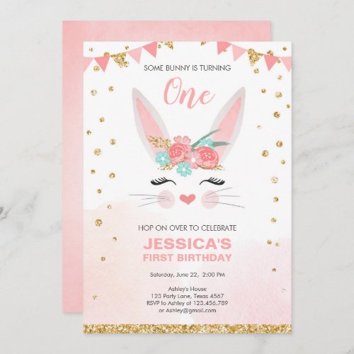 Some Bunny Easter Floral Pink Girl Birthday Invitation