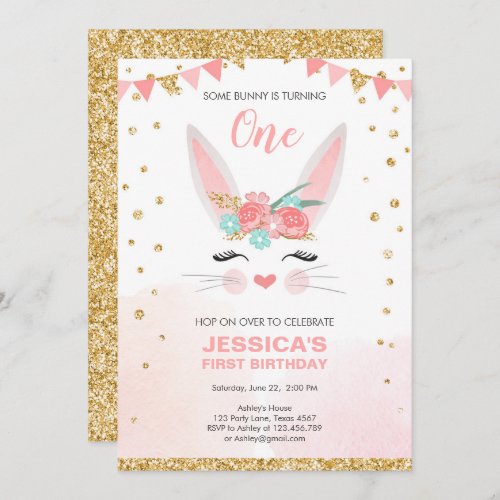 Some Bunny Easter Floral Pink Girl Birthday Invitation