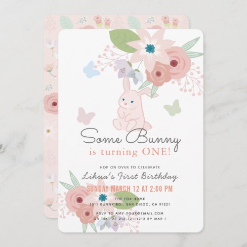Some Bunny Floral Butterfly Pink 1st Birthday Invitation