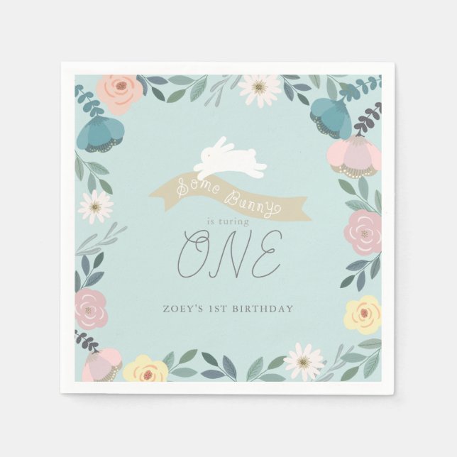Some Bunny Floral Garden 1st Birthday Blue Napkins (Front)