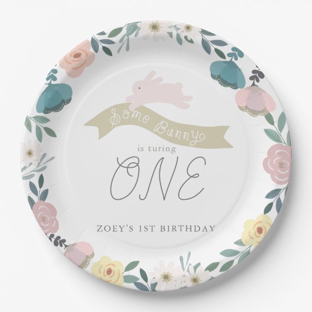 Some Bunny Floral Garden 1st Birthday White Paper Plates (Front)