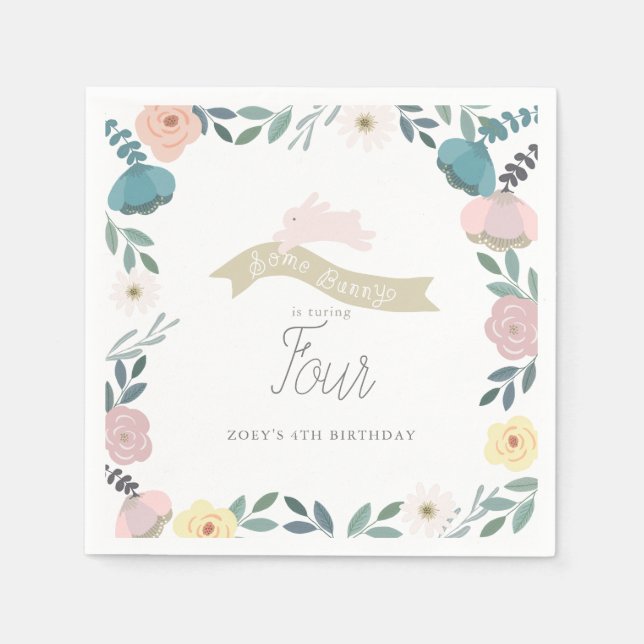Some Bunny Floral Garden Girl Birthday White Napkins (Front)