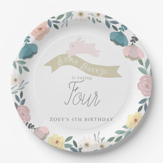 Some Bunny Floral Garden Girl Birthday White Paper Plates (Front)